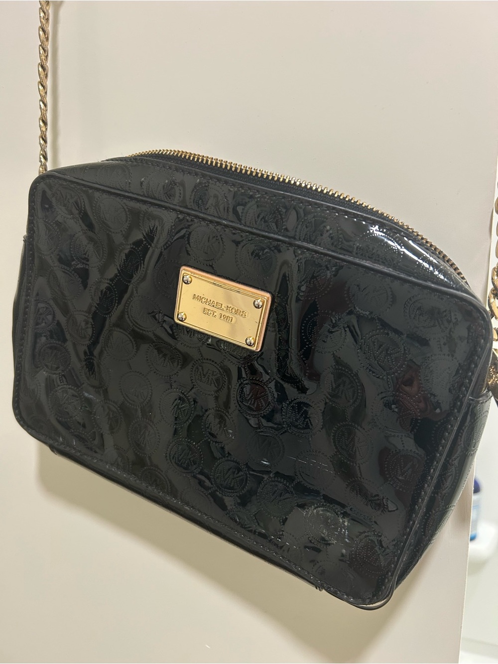 Michael Kors Black Patent Logo Crossbody with Gold Plate & Chain